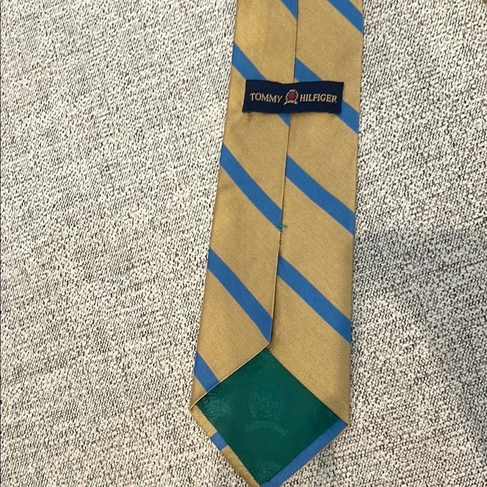 Tommy Hilfiger Gold and Blue Striped 100% Silk Necktie